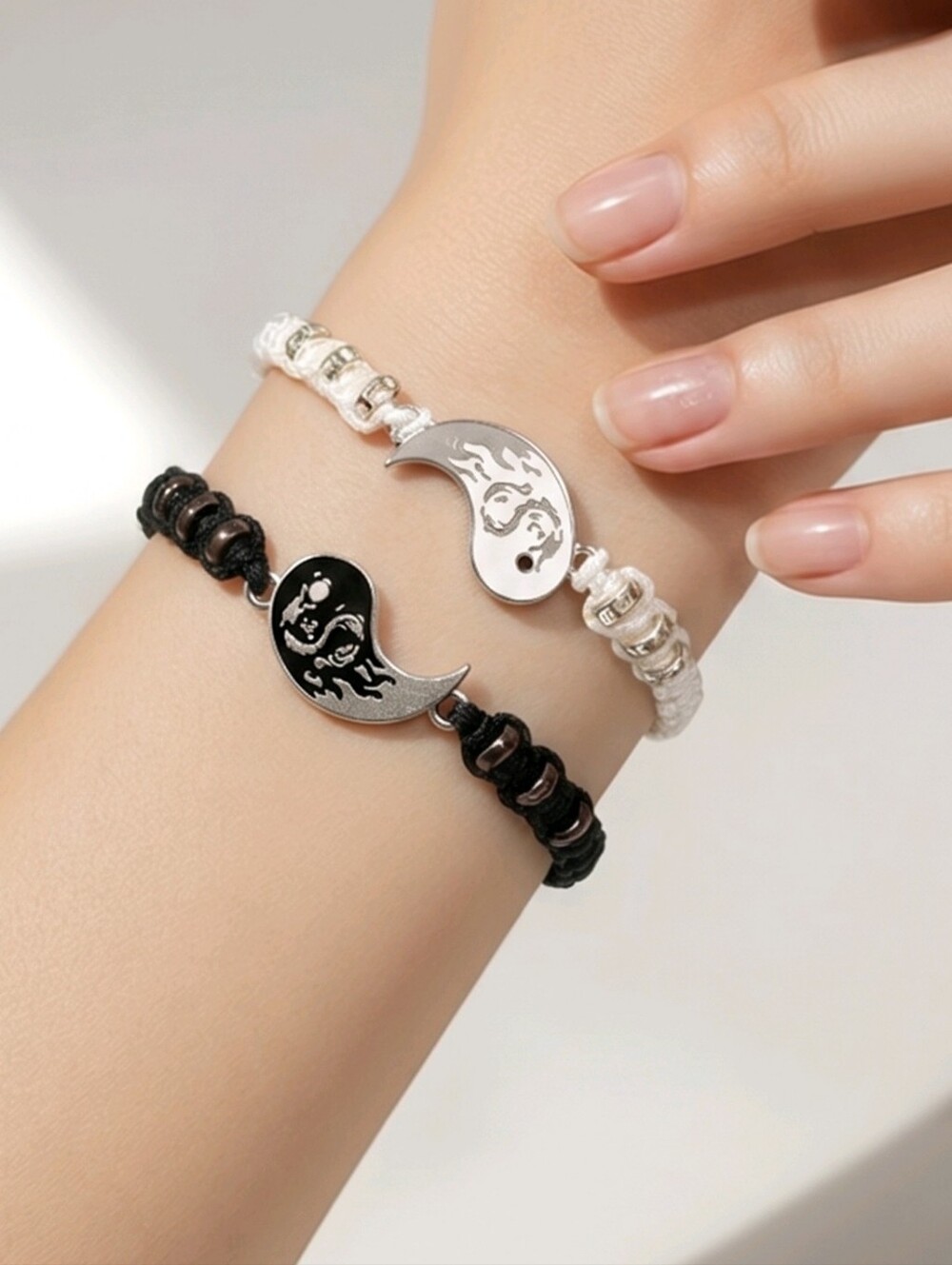 Dragon Yin Yang Tai Chi Matching Bracelets Black White Couple BFF Friendship Set